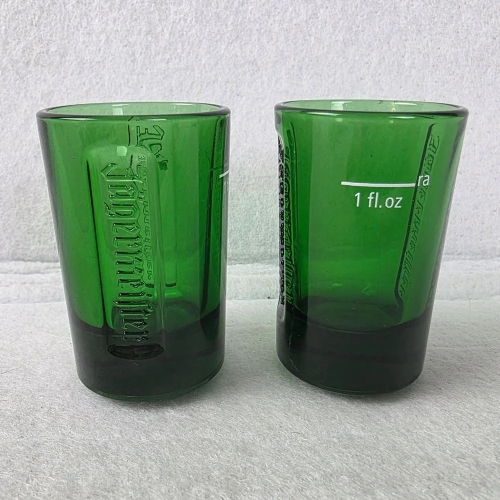 Jagermeister Green Glass Shot Glasses Set of 2 Embossed Logo 1oz Pour Line Stag